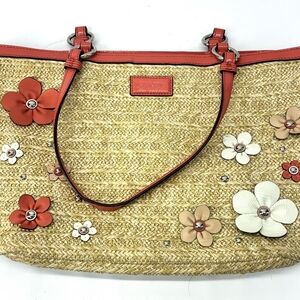 Coach Coral Floral Straw Tote with COA